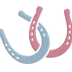 May include: Two embroidered horseshoes, one light blue and one pink, are intertwined. Each horseshoe has a series of small rectangular holes. The image is set against a white background, with the text "2 Sizes" in the bottom right corner.