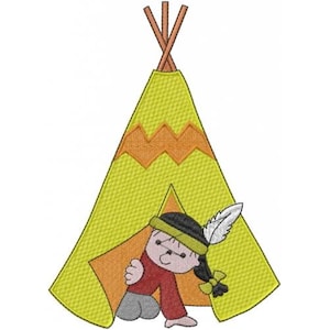 May include: Embroidered design of a cartoon Native American child peeking out of a yellow and orange teepee. The child wears a red shirt, black hat with a feather, and has black hair with a yellow bow.