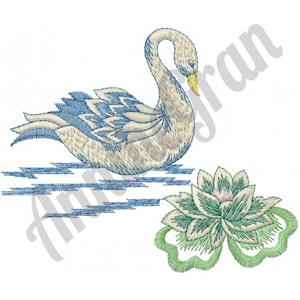 ファンシースワン - 機械刺繍デザイン。睡蓮の刺繍パターン。芸術的な白鳥の刺繍デザイン。睡蓮の葉の刺繍デザイン