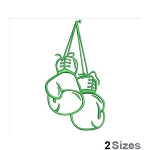 Puede incluir: Un dibujo de línea de dos guantes de boxeo colgando de una cuerda. Los guantes son verdes y blancos.