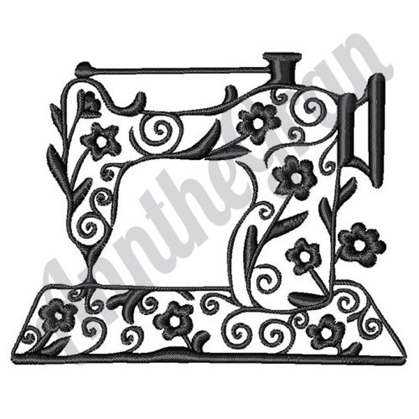 Vintage Sewing Machine - Machine Embroidery Design. Floral Sewing Machine Embroidery Pattern. Treadle Sewing Machine Silhouette Design