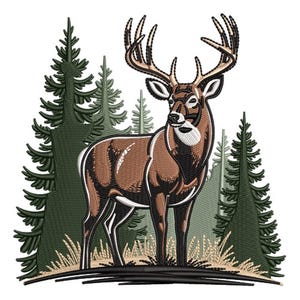 Forest Deer Machine Embroidery Design - Pine Trees Scene Embroidery Design, Wildlife Hunting Theme Embroidery Design, Realistic Buck Design