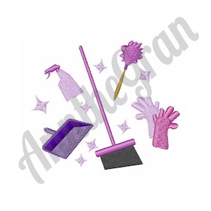 May include: A purple dustpan and broom with a pink feather duster, pink cleaning gloves, and a pink spray bottle with a white label. The cleaning supplies are surrounded by white stars.