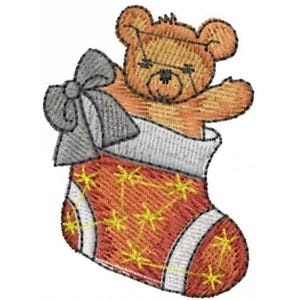 May include: A brown teddy bear with a gray bow is peeking out of a red and white Christmas stocking with yellow stars.