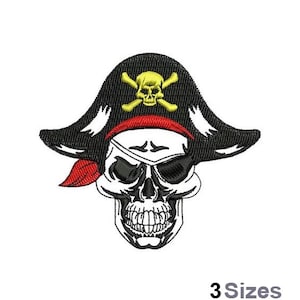 May include: Embroidered design of a white skull wearing a black pirate hat with a red bandana and a yellow skull and crossbones on the hat.