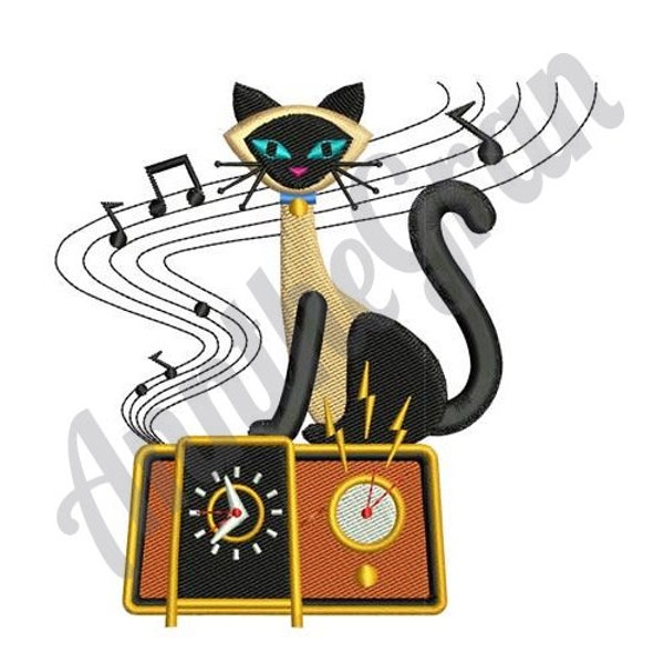 Music Cat - Machine Embroidery Design, Siamese Cat Embroidery Pattern, Retro Radio Embroidery Design, Musical Kitten Embroidery Design