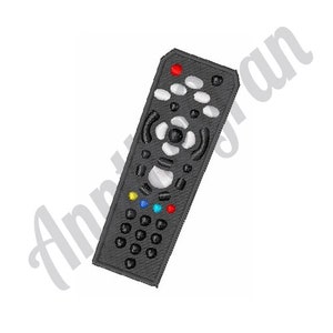 Könnte beinhalten: Eine schwarze Fernbedienung mit einer Vielzahl von Knöpfen, darunter ein roter Knopf, ein blauer Knopf und ein gelber Knopf.