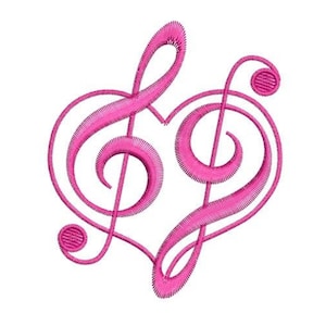 May include: A pink embroidered design of two musical treble clef symbols forming a heart shape. The design is on a white background. The treble clefs are detailed with textured stitching.
