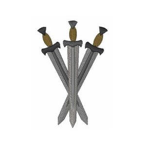 May include: Three silver swords with brown handles are crossed together.