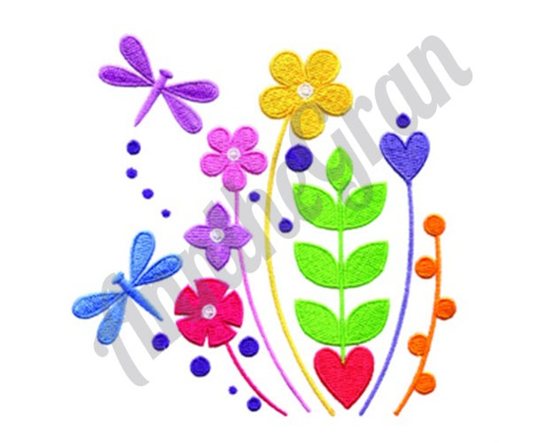 Spring Flowers & Dragonfly Embroidery Design. Machine Embroidery Design ...