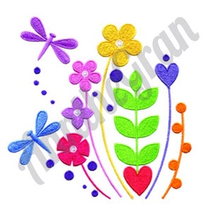 Spring Flowers & Dragonfly Embroidery Design. Machine Embroidery Design. Spring Butterflies Embroidery Pattern. Dragonflies Pattern