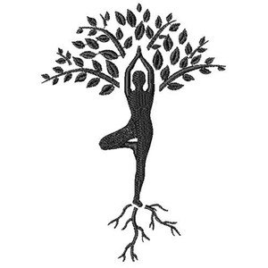 May include: Black embroidered design of a person in a yoga tree pose, with arms raised, forming the trunk of a tree. The tree's branches and leaves extend above the figure, and roots are below.