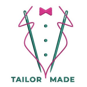 May include: A Tailor Made logo featuring a teal needle and pink thread forming a suit jacket shape, with a pink bow tie and three green buttons. The text "TAILOR MADE" is in green.