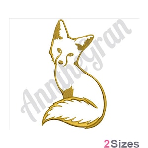 Könnte beinhalten: Eine goldene Umrandung eines sitzenden Fuchses mit dem Schwanz um den Körper gewickelt. Der Fuchs schaut nach links.