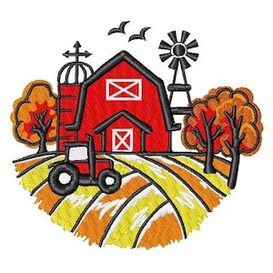 Puede incluir: Diseño bordado que presenta un granero rojo con ribetes negros, un silo y un molino de viento. Un tractor está frente al granero, con árboles a ambos lados. El campo es una mezcla de amarillo, naranja y blanco.