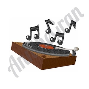 May include: A vintage-style record player with a black turntable and a brown wooden base. Musical notes are rising from the turntable.