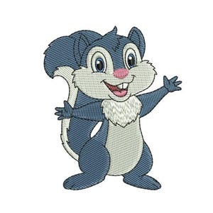 May include: Embroidered design of a cartoon squirrel in shades of blue, white, and pink. The squirrel has a fluffy white chest, a pink nose, and is smiling with its mouth open. The squirrel is waving with one arm raised.