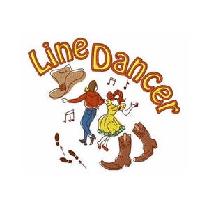 以下が含まれることがあります： ラインダンスをしているカップルのカラフルなイラスト。黄色とオレンジのフォントで「Line Dancer」と書かれています。