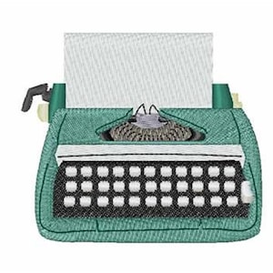 May include: An embroidered teal typewriter with a white sheet of paper inserted. The typewriter has a black keyboard with white keys and a textured appearance. The design is on a white background.
