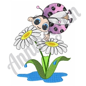 Flying Ladybug on Daisy Embroidery Design. Machine Embroidery Design. Daisy Embroidery Pattern. Ladybug Pattern. Spring Embroidery Design