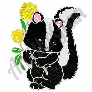 Skunk with Flowers Embroidery Design. Machine Embroidery Design. Baby Skunk Embroidery Pattern. Yellow Flowers Design. Floral Skunk Design