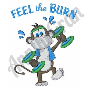 May include: A cartoon monkey wearing a blue headband and blue shirt is lifting two green and blue dumbbells. The monkey is sweating and the text "FEEL the BURN" is above the monkey.