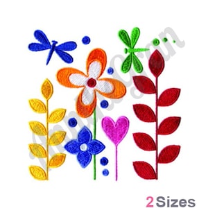 Dragonfly Flowers Embroidery Design. Machine Embroidery Design. Spring Flowers Embroidery Pattern. Dragonflies Pattern. Floral Spring Design