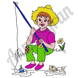 Fishing Boy Embroidery Design. Machine Embroidery Design. Fishing Embroidery Pattern. Fisher Boy Pattern. Fish and Little Child Embroidery