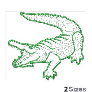 Puede incluir: Ilustración de línea verde de un cocodrilo con la boca abierta. El cocodrilo está mirando hacia el lado izquierdo de la imagen. La imagen está sobre un fondo blanco.