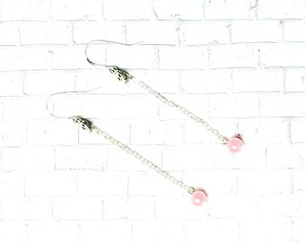 Lady - Petite Skull Dangle Earrings with Pink Bead Droplet