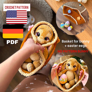 Amigurumi Basket for bunny and easter eegs pattern PDF in English and German. Crochet pattern basket for bunny + easter eegs PDF.