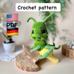 Crochet grasshopper pattern in PDF format in English and German ,plush amigurumi bug, cute insect toy, easy tutorial, instant download.