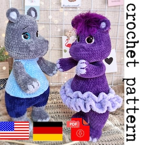 Plush Hippos Crochet Pattern - printable PDF in English and German