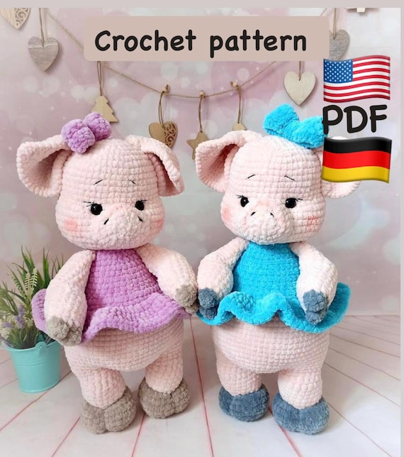 Amigurumi pig crochet pattern in PDF format in English and German, crochet animals