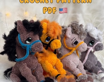 Crochet Pattern Horse with Flowing Mane and Harness - Plush Amigurumi Stuffed Animal – Horse Toy 30cm - PDF Instant Download - Nursery Decor