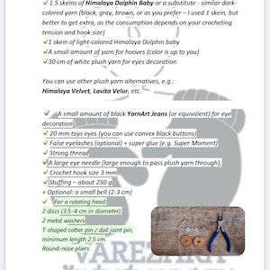 May include: A printed document titled Supplies listing materials for a crochet project, including Himalaya Dolphin Baby yarn, 20 mm toy eyes, a 3 mm crochet hook, 250 g of stuffing, and hardware for a rotating head like discs and pliers.