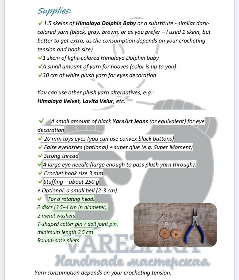 May include: A printed document titled Supplies listing materials for a crochet project, including Himalaya Dolphin Baby yarn, 20 mm toy eyes, a 3 mm crochet hook, 250 g of stuffing, and hardware for a rotating head like discs and pliers.