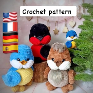 Amigurumi bird pattern PDF in English, German, French, and Spanish, crochet bullfinch