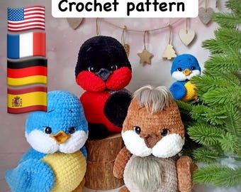 Amigurumi bird pattern PDF in English, German, French, and Spanish, crochet bullfinch