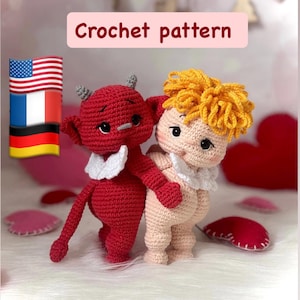 Combo 2 crochet pattern,Amigurumi angel and devil pattern Pdf in English, German and French