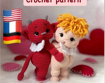 Combo 2 crochet pattern,Amigurumi angel and devil pattern Pdf in English, German and French