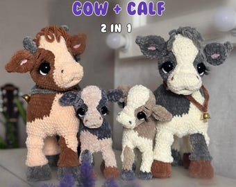Crochet Pattern Cow and Calf Set – 2 in 1 Plush Amigurumi Farm Family - PDF Instant Download - Mother and Baby Cow - Large and Small Cow