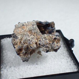 May include: A rough, textured mineral specimen with a mottled appearance featuring shades of tan, beige, gray, and dark brown. The stone has an irregular, porous surface with small crystalline inclusions and is displayed inside a black plastic box.