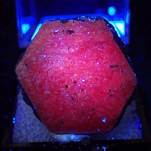 May include: A vibrant, hexagonal-shaped, red gemstone illuminated by blue light. The gem has a rough, textured surface with small dark inclusions. The lighting creates a glowing effect, highlighting the stone's color and form. The gem is displayed on a textured surface.