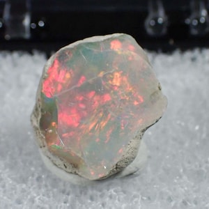 May include: A raw, translucent opal gemstone featuring a milky white base with vibrant flashes of red, orange, and green play-of-color. The stone has an irregular, jagged shape with a rough, textured exterior edge and a polished, reflective face.