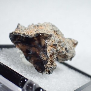 May include: A raw, irregular meteorite fragment with a dark, fused fusion crust and a porous, textured surface. The specimen displays a mix of charcoal black and sandy beige tones, showcasing a jagged, cratered exterior typical of space rock.