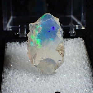 May include: A raw, translucent opal gemstone featuring vibrant flashes of green and blue iridescence across its irregular, jagged surface. The stone displays a milky, semi-clear base with natural textured edges, presented within a clear display box.