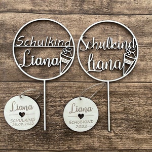 Personalized cake topper with school bag tag, set for starting school, made of wood