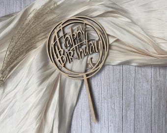 Cake topper, cake topper Happy Birthday, made of wood, natural