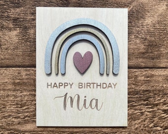 Geburtstagskarte, Postkarte "Happy Birthday" aus Holz| Regenbogen